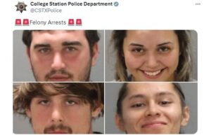 Screen shots from the College Station police department's Twitter/X account showing (top row L-R) Clayton Rowley and Nyah Davis and (bottom row L-R) Dustin Noble and Emanuel Bravo.