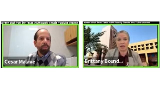 Screen shots of (L-R) Cesar Malave and Brittany Bounds from the Texas A&M faculty senate's YouTube channel.