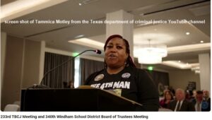 Screen shot from the Texas department of criminal justice YouTube page of Tammica Motley speaking at the February 9, 2024 meeting of the state prison board.