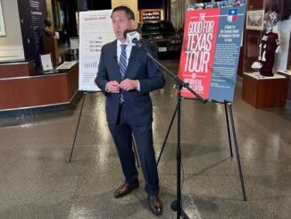 Texas state comptroller Glenn Hegar visiting with reporters inside the George H.W. Bush museum, March 26, 2024.