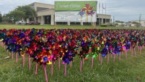 Photo of the pinwheel garden for Child Abuse Prevention Month, taken March 27, 2024.