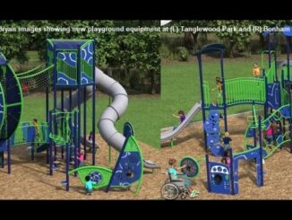City of Bryan images showing examples of new playground equipment at (L) Tanglewood Park and (R) Bonham Park.