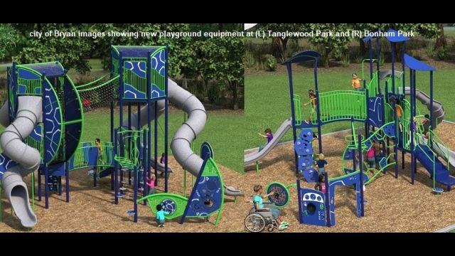 City of Bryan images showing examples of new playground equipment at (L) Tanglewood Park and (R) Bonham Park.