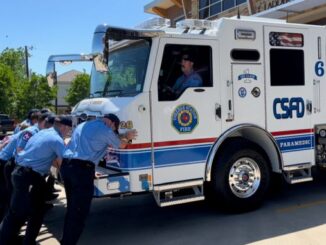 Firefighters from College Station fire department station six participating in the "push-in" ceremony of a new fire engine on April 11, 2024.