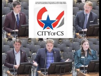 Texas A&M student government leaders speaking at the April 11, 2024 College Station city council meeting (top L-R) Andrew Applewhite and Corbitt Armstrong and (bottom L-R) Ben Crockett, Marcus Glass, and Ava Blackburn are screen shots from the city's archived video. The city logo is an image from the city of College Station.