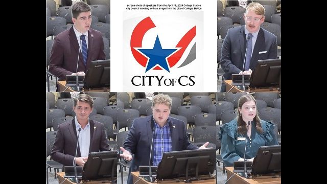 Texas A&M student government leaders speaking at the April 11, 2024 College Station city council meeting (top L-R) Andrew Applewhite and Corbitt Armstrong and (bottom L-R) Ben Crockett, Marcus Glass, and Ava Blackburn are screen shots from the city's archived video. The city logo is an image from the city of College Station.