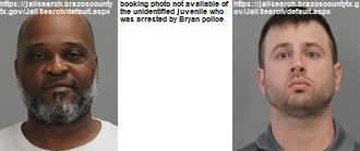 Photos of (L) Alvin Griffin and (R) Mason Sconyers from https://jailsearch.brazoscountytx.gov/JailSearch/default.aspx. The blank space in the middle represents the unidentified juvenile in this story who was arrested by Bryan police.