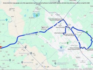 From maps.google.com, the approximate route of a vehicle chase involving Brazos County sheriff's deputies on April 23, 2024.