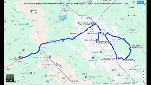 From maps.google.com, the approximate route of a vehicle chase involving Brazos County sheriff's deputies on April 23, 2024.