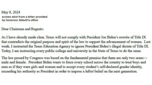 Screen shot from a letter provided by Governor Abbott's office.