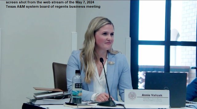 Screen shot of Annie Valicek from the web stream of the May 7, 2024 Texas A&M system board of regents business meeting.