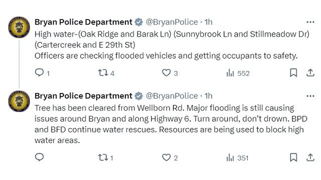 Screen shots from the Bryan police department's Twitter/X feed with examples of weather related incidents that happened May 16, 2024.