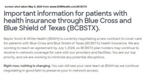 Screen shot taken May 8, 2024 from www.BSWHealth.com/BCBSTX