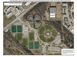Screen shot from a city of College Station document showing the location of three proposed baseball fields at Veterans Park.