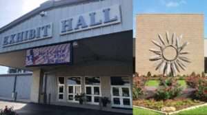 Photos of (L-R) the Brazos County Expo exhibit hall and the sunflower sculpture in front of the Brazos Center.