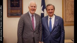 Photo of (L-R) Senator John Cornyn and Texas A&M system chancellor John Sharp provided by Senator Cornyn's office.