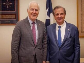 Photo of (L-R) Senator John Cornyn and Texas A&M system chancellor John Sharp provided by Senator Cornyn's office.