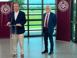 (L-R) John Sharp and Sean McDeavitt visiting with reporters May 29, 2024 at the Texas A&M system's RELLIS campus.