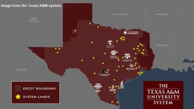 Image from the Texas A&M system showing 55 stars where peaker power plants could be built around the state.