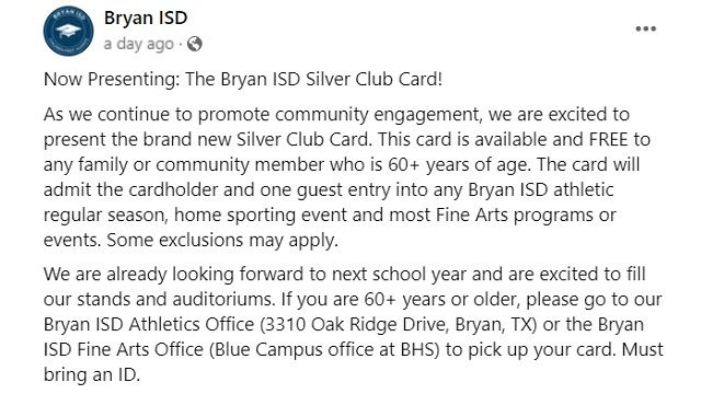 Screen shot from the Bryan ISD Facebook page.