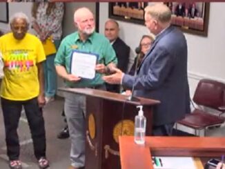 Screen shot from the Brazos County Facebook video of (L-R) the county's historical commission chairman Henry Mayo and county judge Duane Peters at the county commission's meeting on June 25, 2024.