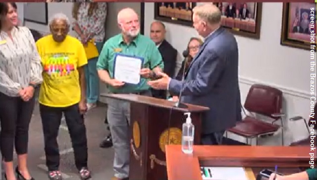 Screen shot from the Brazos County Facebook video of (L-R) the county's historical commission chairman Henry Mayo and county judge Duane Peters at the county commission's meeting on June 25, 2024.