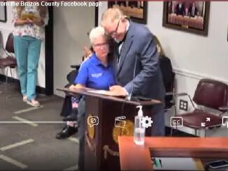 Screen shot from the Brazos County Facebook video stream of (L-R) Michelle Bailey-Meade and Duane Peters during the June 25, 2024 county commission meeting.