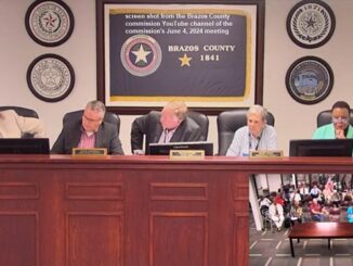 Screen shot from the Brazos County commission YouTube channel of the commission's June 4, 2024 meeting showing commissioner Steve Aldrich at the far left and county judge Duane Peters in the center.