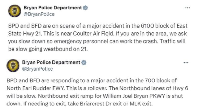 Screen shots from the Bryan police department's X/Twitter account.