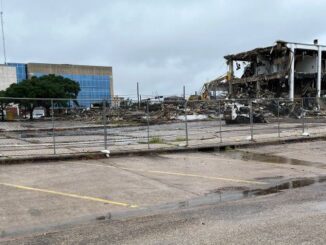 Photo taken July 25, 2024 of the demolition of the Brazos County owned former Bryan ISD administration building.