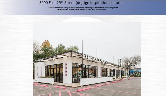 Screen shot from a city of Bryan document showing the architect's rendering of the redeveloped Wee Village center at 29th and Stillmeadow.