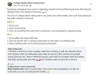 Screen shots from the College Station police Facebook page.