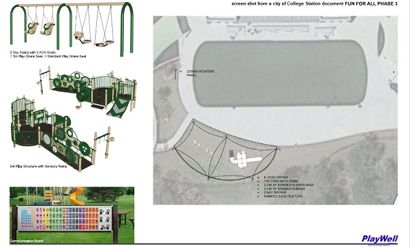 Screen shot from a city of College Station document showing the Fun For All playground equipment purchased at the July 25, 2024 College Station city council meeting.