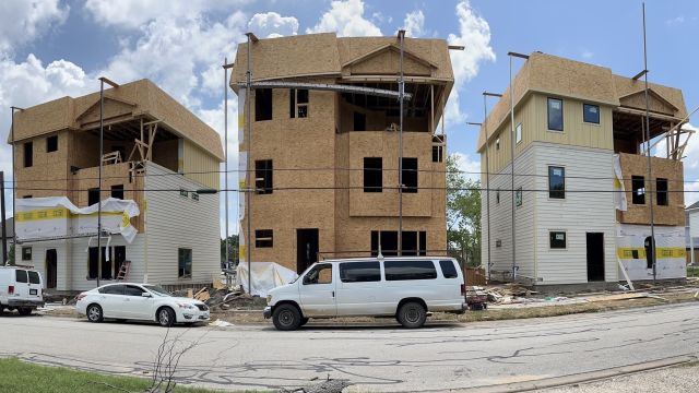 A panoramic photo of rental housing under construction on Highland north of Fidelity in College Station, June 29, 2024.