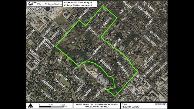 Screen shot from a city of College Station document showing the boundaries of the ROO (restricted occupancy overlay) that was approved at the August 8, 2024 city council meeting.