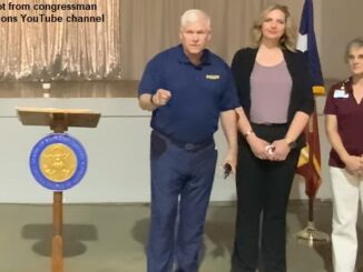 Screen shot from congressman Pete Sessions YouTube channel, showing him with (L-R) Nicole Peters Kroll and Elizabeth Ellis of the Texas A&M mobile health clinic at the Jewett Civic Center on August 20, 2024.