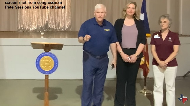 Screen shot from congressman Pete Sessions YouTube channel, showing him with (L-R) Nicole Peters Kroll and Elizabeth Ellis of the Texas A&M mobile health clinic at the Jewett Civic Center on August 20, 2024.