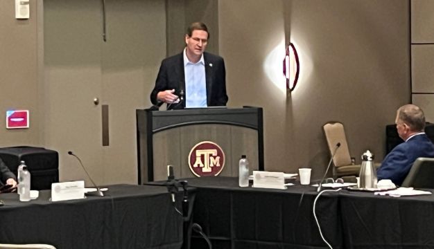 Texas A&M athletics director Trev Alberts speaking during an A&M system board of regents workshop meeting on August 1, 2024.