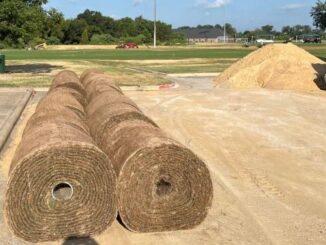 Rolls of sod and a mound of sand for repairing soccer fields at Veterans Park, August 22, 2024.