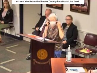 Screen shot of Mary Mize putting on a mask is from the Brazos County Facebook Live video stream.