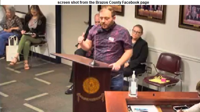 Screen shot from the Brazos County Facebook page of Thomas Cavaness speaking at the September 24, 2024 county commission meeting.