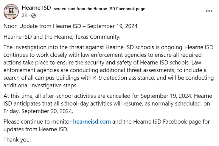 Screenshot of the Hearne ISD Facebook page.