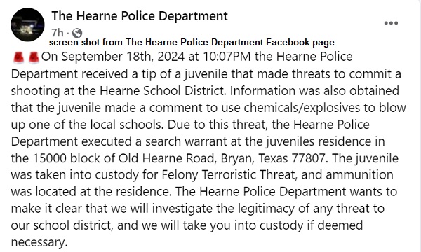 Hearne Police Arrest Juvenile for Making Terrorist Threats That Led to Cancellation of Classes at Hearne ISD – WTAW