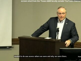 Screen shot of Mark Welsh at the September 9, 2024 Texas A&M faculty senate meeting from the faculty senate's YouTube channel.