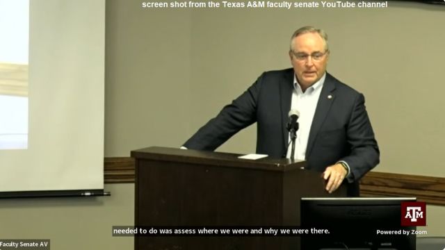 Screen shot of Mark Welsh at the September 9, 2024 Texas A&M faculty senate meeting from the faculty senate's YouTube channel.