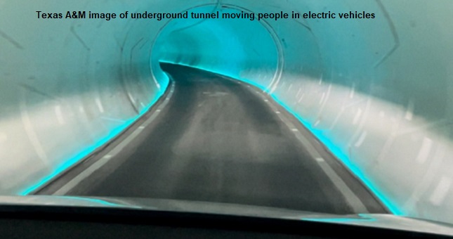 Texas A&M image of an underground tunnel moving people in electric vehicles.