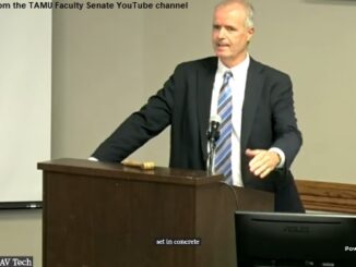 Screen shot of Texas A&M provost Alan Sams at the October 14, 2024 faculty senate meeting taken from the faculty senate's YouTube channel.