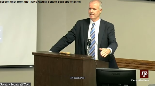 Screen shot of Texas A&M provost Alan Sams at the October 14, 2024 faculty senate meeting taken from the faculty senate's YouTube channel.