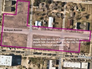 Image from the city of Bryan showing in the purple box the area that is in the city-Brazos County interlocal agreement.