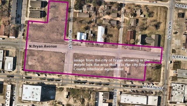 Image from the city of Bryan showing in the purple box the area that is in the city-Brazos County interlocal agreement.